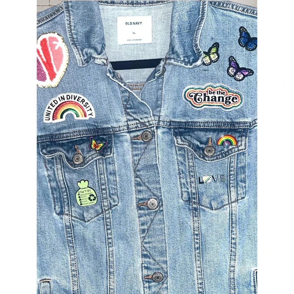 Rainbow Butterflies Pride Boho Festival Patch Denim Jean Jacket LGBTQIA+ sz. XL - Picture 4 of 9